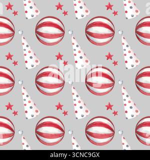 Motivo circo senza cuciture acquerello con cappelli da festa rossi e bianchi decorati con pois e palle a righe. Stile vintage Foto Stock