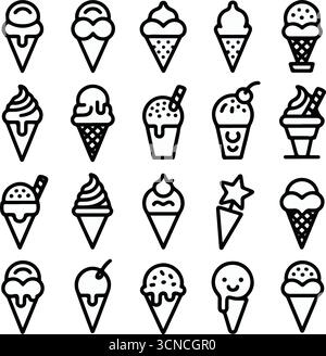 Illustrazioni in bianco e nero del set di icone del cono gelato Illustrazione Vettoriale