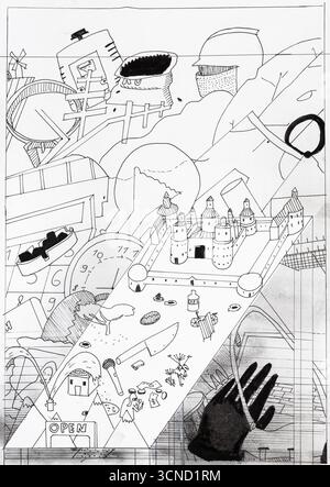 schizzo di un collage astratto di oggetti interni, castelli dei cavalieri, alberi, utensili da cucina e altri oggetti, disegnato a mano con matita nera e pennarello Foto Stock