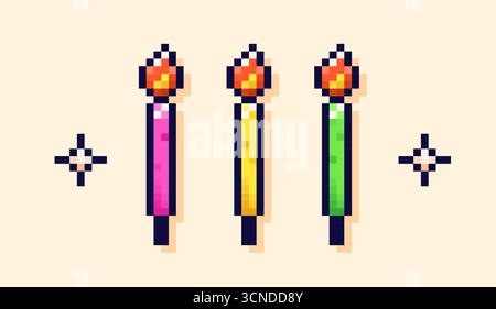 Candele per torta di compleanno a colori pixel art. Illustrazione Vettoriale