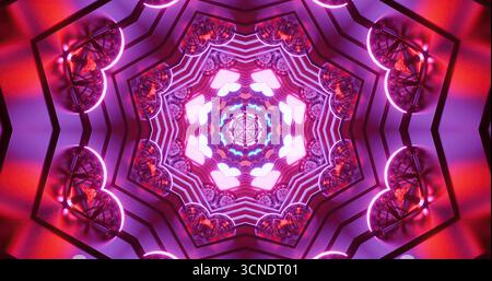 Le luminose luci al neon creano un vivace motivo caleidoscopio di notte. Il design simmetrico presenta sfumature di rosa e viola, migliorando l'effetto visivo Foto Stock