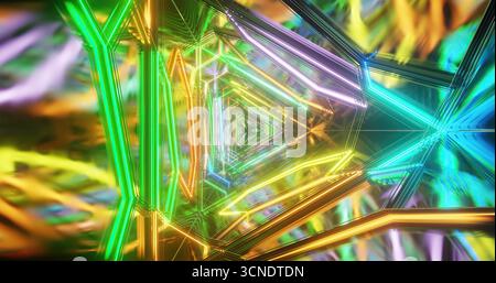 Un tunnel colorato fatto di linee luminose in vari colori crea un'immagine intrigante. Le luci brillanti si fondono insieme, creando un'atmosfera coinvolgente Foto Stock
