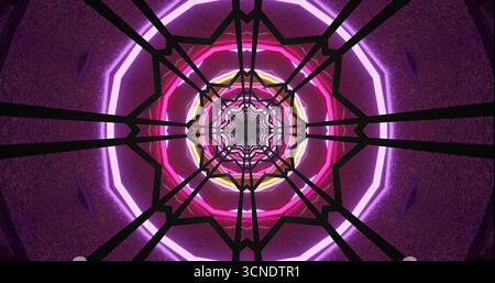 Uno straordinario tunnel astratto presenta fantasie vorticose di vivaci luci viola e rosa. Questo design accattivante crea un senso di profondità e movimento. Foto Stock