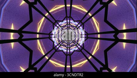 Un motivo geometrico colorato e astratto crea un effetto tunnel ipnotico. Il design presenta linee nitide e tonalità luminose di viola e giallo, Draw Foto Stock