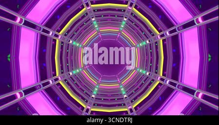 Un tunnel colorato pieno di vivaci luci al neon e motivi geometrici. I colori vorticosi creano un'atmosfera coinvolgente, invitando gli spettatori a vivere un'esperienza unica Foto Stock