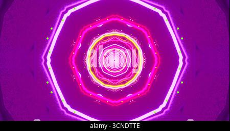 I cerchi concentrici colorati di luci al neon creano un effetto visivo ipnotico. Le sfumature rosa, giallo e viola si intrecciano, catturando l'attenzione Foto Stock