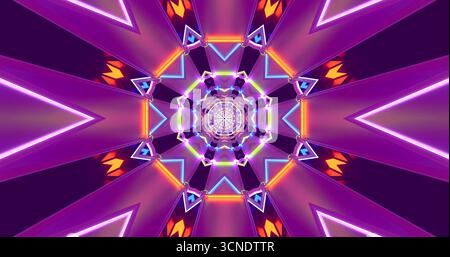 Luci al neon vorticose e forme geometriche creano uno schema ipnotico, che mostra vivaci sfumature di viola, arancione e blu in un complesso arrangiamento Foto Stock