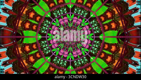 Design complesso con colori vivaci e forme geometriche in una formazione circolare. Il motivo presenta una miscela di verdi, rosa e arance. A c Foto Stock