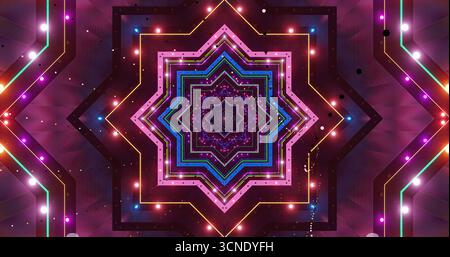 Questo design è caratterizzato da uno splendido motivo geometrico simile a una stella con colori audaci e luci brillanti. Le forme intricate creano un effetto visivo ipnotico Foto Stock
