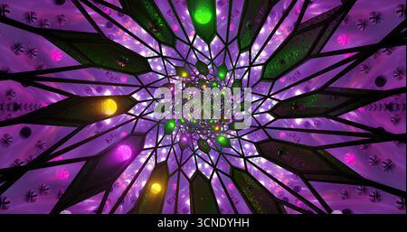 Una spirale vorticosa di colori luminosi si irradia su uno sfondo scuro. Le luci al neon verde, giallo e viola creano uno schema affascinante, disegnando il Foto Stock