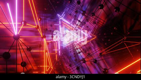 Un vivace tunnel pieno di luci al neon in sfumature di viola, rosa e arancione. Le forme geometriche creano un'affascinante visuale di profondità e dimensione, A. Foto Stock