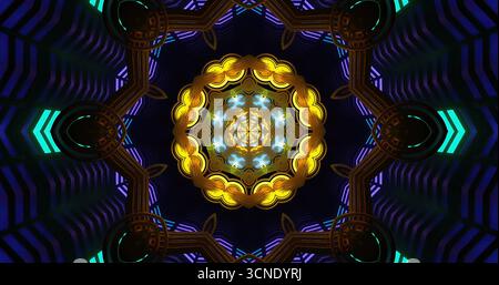 Questa scena presenta un sorprendente motivo geometrico con forme vorticose e colori vivaci. Le luci radianti creano un effetto ipnotico in ambienti bui Foto Stock