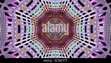 Un vivace design geometrico mette in mostra motivi complessi con colori brillanti, creati da strutture sovrapposte in un layout simmetrico. La scena presente Foto Stock
