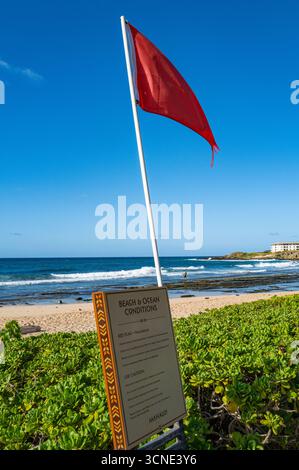 Segnali informativi sulle condizioni dell'oceano e bandiere rosse che segnalano le condizioni pericolose dell'oceano a Shipwreck Beach, nell'area di Poipu di Kauai, Hawaii, Foto Stock