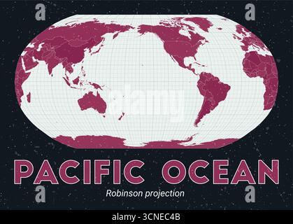 Oceano Pacifico. Mappa del mondo. Proiezione di Robinson incentrata sull'Oceano Pacifico. Pallido Mint Dark Pink (Rosa scuro). Texture vintage. Illustrazione Vettoriale