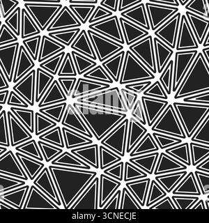 Sfondo triangoli minimalistici. Forme solide arrotondate nei telai. Triangolo medio. Stile bianco e nero. Modello ripetibile. Illustrazione Vettoriale