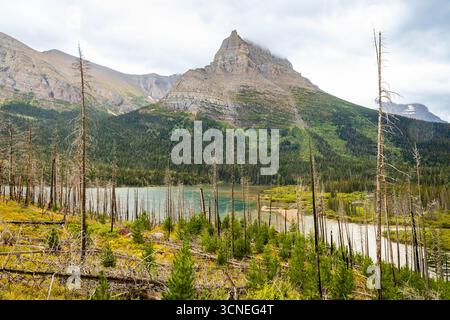 Il Saint Mary Falls Trail viene catturato mentre si snoda lungo il panoramico lago Saint Mary nel Glacier National Park Foto Stock