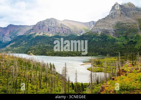 Il Saint Mary Falls Trail viene catturato mentre si snoda lungo il panoramico lago Saint Mary nel Glacier National Park Foto Stock