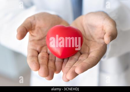 Palme da medico maschili corti che tengono il cuore giocattolo rosso Foto Stock