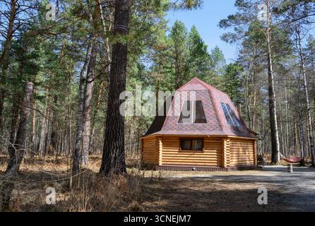 Casa esagonale in legno della tradizionale dimora nazionale "Ail" in una pineta dei Monti Altai Foto Stock