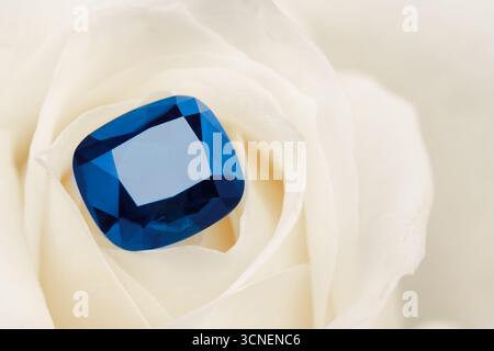 Una gemma blu si trova sopra una rosa bianca. La gemma è un grande diamante blu di forma quadrata. La rosa è bianca e ha un aspetto delicato ed elegante Foto Stock