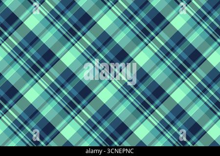 Trama di fondo a quadri in lino, motivo a fogli, tartan senza cuciture. Tessuto in tessuto vettoriale con motivo a scacchi opaco nella tavolozza dei colori verde acqua e ciano. Illustrazione Vettoriale