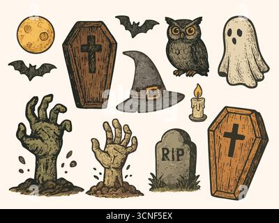 Vettoriale di Halloween vintage disegnato a mano, schizzo retrò con stampa a inchiostro e un'atmosfera allegra e spettrale set3 per le festività autunnali Illustrazione Vettoriale