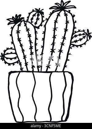 Illustrazione vettoriale dei cactus su un design con contorno bianco e nero Illustrazione Vettoriale