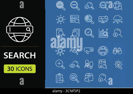 Cerca il set di icone Web in stile linea. Collezione di icone lineari con lente d'ingrandimento. Contenente SEO, marketing digitale, analisi dei dati, gestione, investimenti Illustrazione Vettoriale
