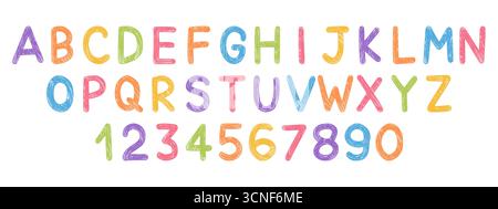Alfabeto colorato con lettere e numeri per pastello di cera. Scarabocchi disegnati a mano. Font per bambini con gesso e trama a matita Illustrazione Vettoriale