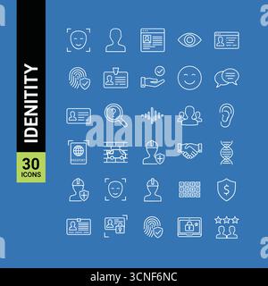 Set di identità di icone Web in stile linea. Raccolta di icone lineari di autenticazione. Contenente identificazione, passaporto, biometrico, carta d'identità, impronta digitale, Illustrazione Vettoriale