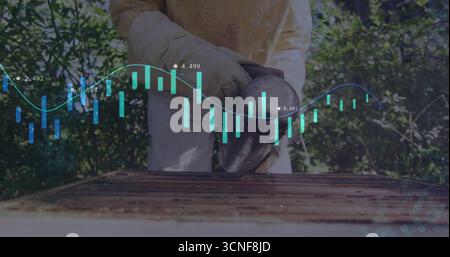 Apicoltore che indossa una tuta gialla utilizzando il fumatore di api su una cornice di legno dell'alveare nell'apiario, con sovrapposizione di dati Foto Stock