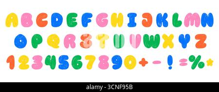 Alfabeto e numeri colorati del pastello. Font per bambini disegnati a mano con gesso e trama a matita Illustrazione Vettoriale