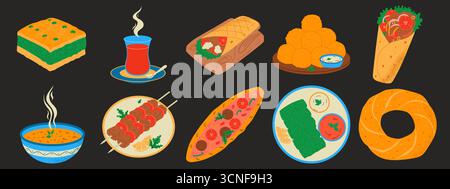 Cibo nazionale turco. Piatti tradizionali. Baklava, kebab doner, shawarma, kebab, tè, dolce, pide, palline di carota fritte, zuppa di lenticchie. Illustrazione Vettoriale