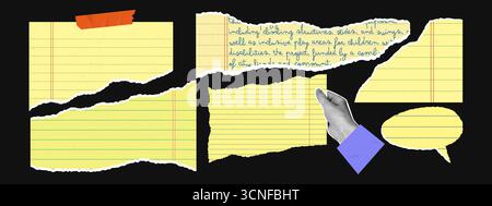 Collage di carta giallo strappato per notebook con fogli rivestiti, nastro, mano a mezzitoni. Articoli di cancelleria per scuola e ufficio. Modello di design moderno per album di foto Illustrazione Vettoriale