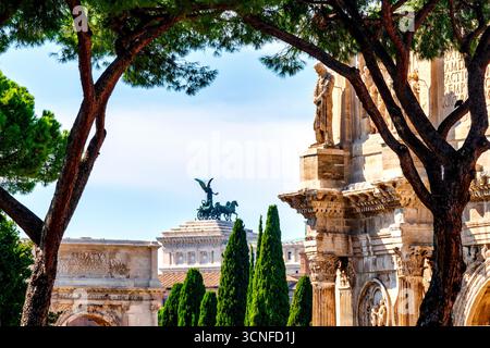Vista dell'Arco di Costantino, dell'Arco di Tito e del Vittoriano incorniciati da pini a Roma, Italia. Foto Stock