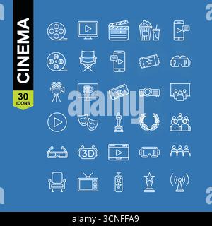 Set cinematografico di icone Web in linea. Raccolta di icone filmato e Film lineare. Contenente video, cinema, 3d, vr, popcorn, biglietto, direttore, soun Illustrazione Vettoriale