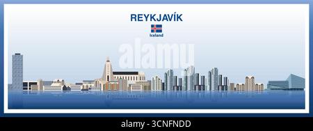 Skyline della città di Reykjavik sullo splendido sfondo del cielo diurno con un bordo sfumato. Illustrazione vettoriale Illustrazione Vettoriale