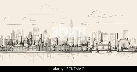 Skyline di Londra in stile disegno su uno sfondo marrone morbido. Illustrazione vettoriale Illustrazione Vettoriale