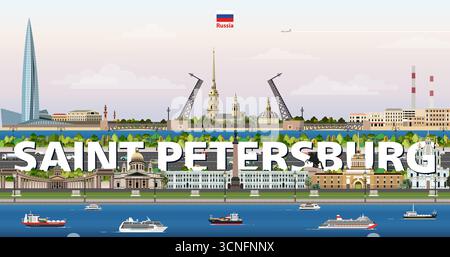 Paesaggio urbano di San Pietroburgo illustrazione vettoriale colorata con il nome della grande città sullo sfondo. Poster di tendenza per i viaggi Illustrazione Vettoriale