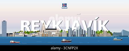 Immagine vettoriale colorata del paesaggio urbano di Reykjavik con il nome della grande città sullo sfondo. Poster di tendenza per i viaggi Illustrazione Vettoriale