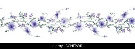 Bordo orizzontale o striscione senza cuciture con fiori selvatici viola e blu. Illustrazione ad acquerello disegnata a mano su sfondo isolato. Floreale estivo Foto Stock