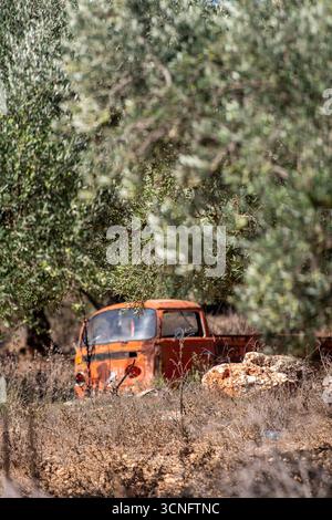 Un vecchio furgone VW di tipo 2 raffreddato ad aria è rimasto a marcire in un'azienda agricola greca Volkswagen van project. Foto Stock