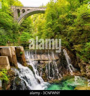 Ponte ad arco sulla lussureggiante gola di Vintgar, Slovenia. Foto Stock
