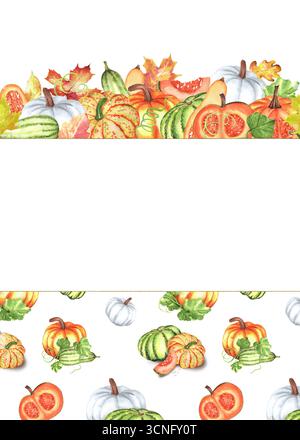 Modello di biglietto d'auguri preconfezionato con zucche autunnali motivo senza cuciture, bordo con foglie e zucche e spazio per il testo. Festa del Ringraziamento. Har Foto Stock
