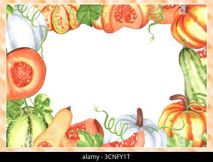 Cornice orizzontale autunnale con zucche, foglie e cornice a righe arancioni e verdi. Copiare lo spazio per il testo. Clipart del festival del raccolto autunnale. Illu disegnato a mano Foto Stock
