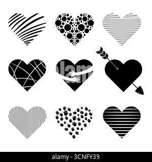 Set di cuori neri astratti per Love and Wedding Design. Perfetto per progetti di San Valentino, biglietti d'auguri romantici, poster, stampe o progetti digitali. Illustrazione Vettoriale