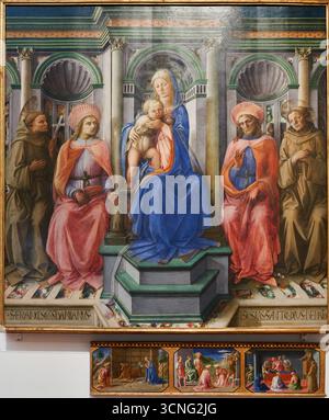 Madonna con bambino e San Francesco, San Cosma, San Damiano e Sant'Antonio da Padova. Nella predella: San Francesco riceve le Stigmata e S. Cosma Foto Stock