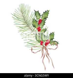 Bouquet natalizio di agrifoglio e rami di pino con fiocco. Illustrazione di acquerelli botanici per le decorazioni natalizie e di Capodanno. Disegnato a mano Foto Stock