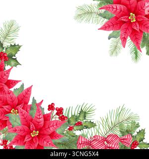 Una cornice quadrata di fiori di punta con bacche agrifoglio, rami di pino e caramelle natalizie. Illustrazione acquerello botanico. Disegnato a mano isolato Foto Stock